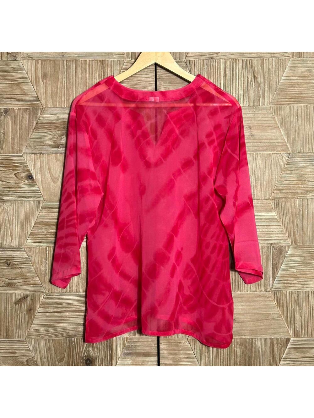 Womens Hot Pink Barbiecore Tie Dye Sheer V-Neck Blouse Small Pullover Coastal - Picture 3 of 3